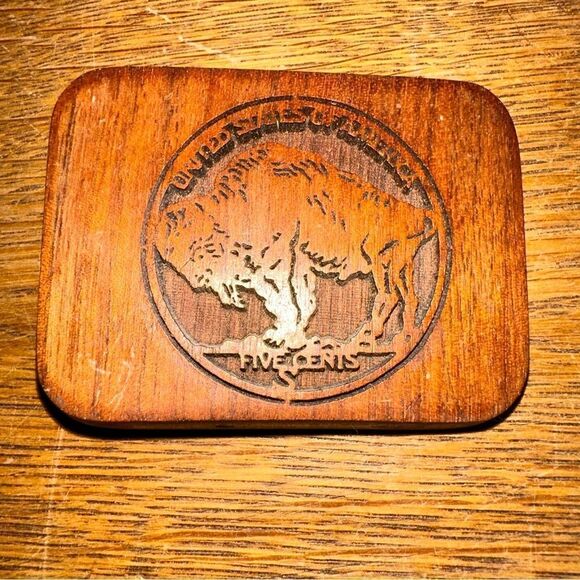 Vintage American Wooden Buffalo Nickel Belt Buckle made Of Wood Lasercraft 1977 - Picture 1 of 6